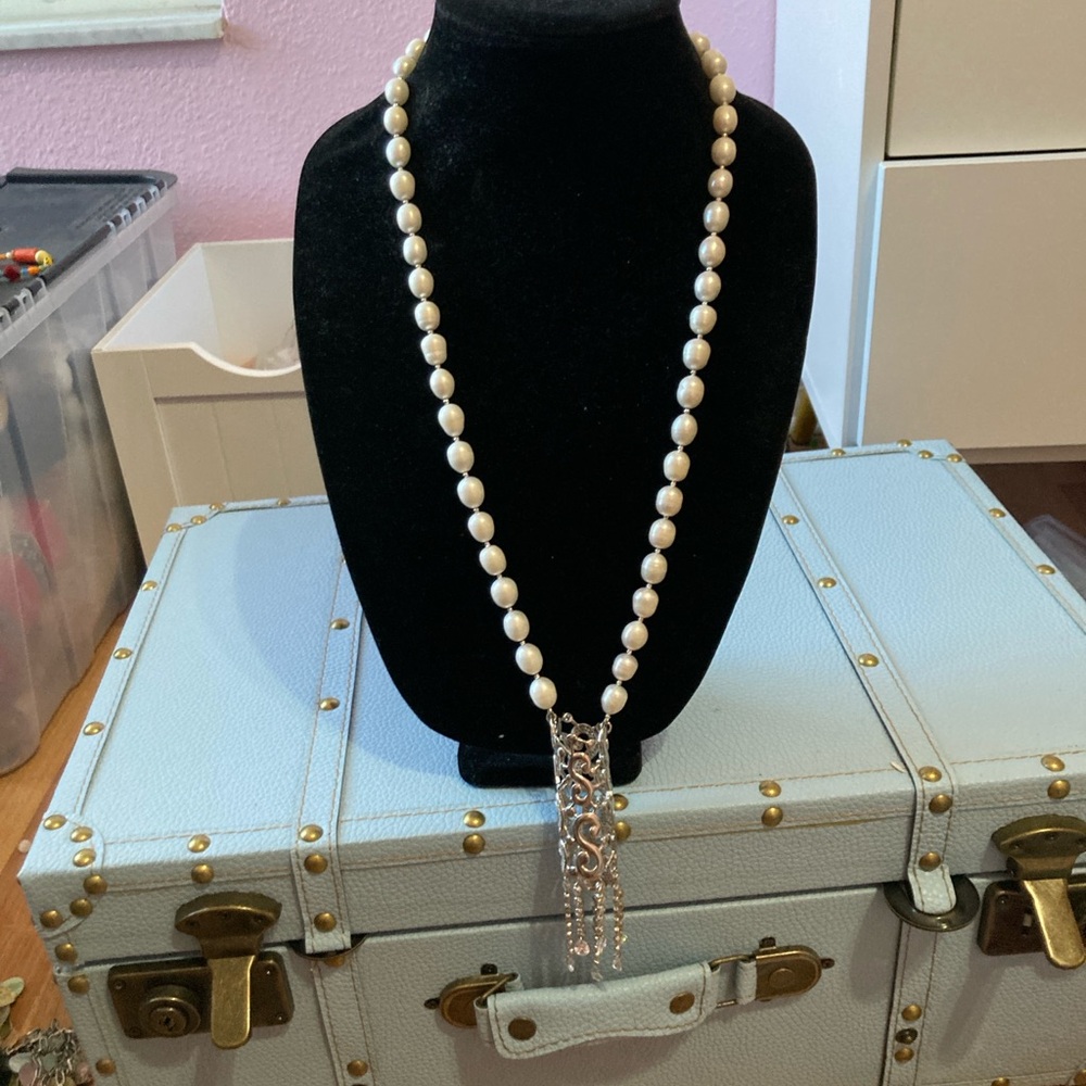 Sterling Silver Long Pearl & Crystal Necklace 30”